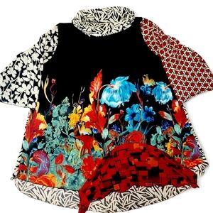 Lee Andersen Wearable Art Plus Size Floral Tunic Mixed Print Boho Artsy Top 1X